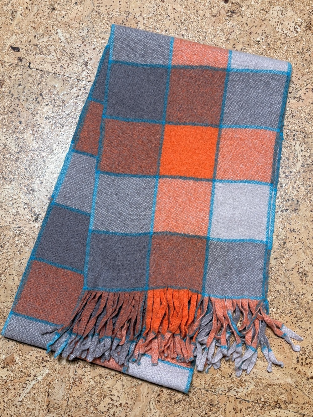 Checkered Raw Wool Fringed Scarf in Orange/Tans/Light Blue